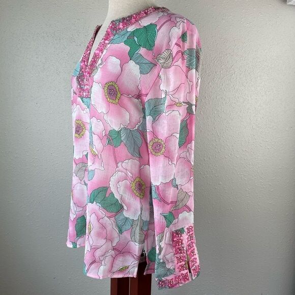 NWT Josephine Chaus Hot Pink Floral Sheer Blouse Size 10 - Picture 4 of 11
